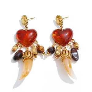 Sara Sotti Gold and Brown Heart Drop Earrings